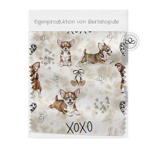 Baumwolle Canvas Hunde Stoff – XOXO Chihuahua Hunde Muster Beige Braun  – 153 g/m² –  160  cm Meterware