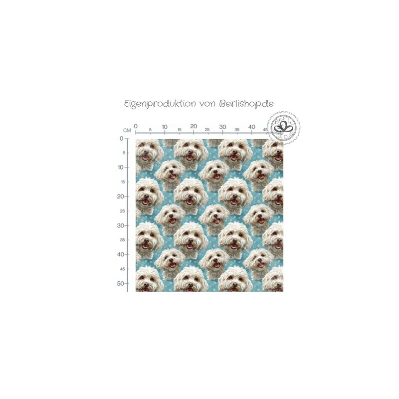 Baumwolle Canvas Stoff Malteser Hund Blau Pastell – 153 g/m² – Meterware 160 cm- Eigenproduktion