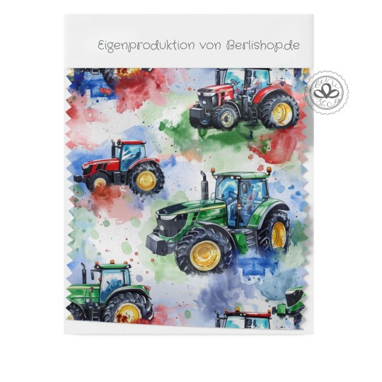 Vorbestellung –Traktor Stoff – bunte Bauernhof Traktoren – Aquarell Design - Grün – wählbar in 10 Stoffarten