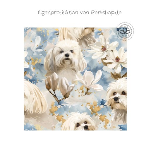 Baumwolle Canvas Stoff Malteser Hunde Magnolien Blau Gold | 160 cm