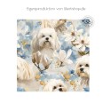 Baumwolle Canvas Stoff Malteser Hunde Magnolien Blau Gold | 160 cm