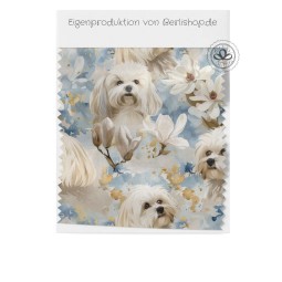 Baumwolle Canvas Stoff Malteser Hunde Magnolien Blau Gold | 160 cm