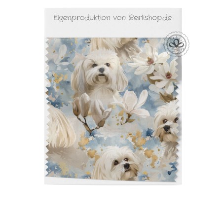 Baumwolle Canvas Stoff Malteser Hunde Magnolien Blau Gold | 160 cm