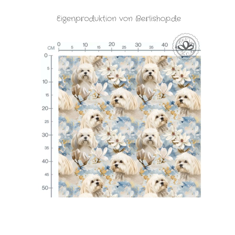 Baumwolle Canvas Stoff Malteser Hunde Magnolien Blau Gold | 160 cm