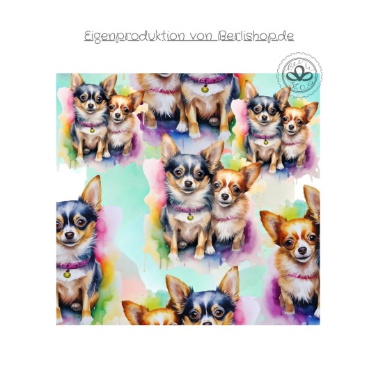 Baumwolle Canvas Stoff Chihuahua bunt Splash Aquarell 153 g/m² Meterware 160 cm Eigenproduktion