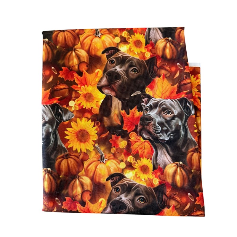 1 m Coupon Oxford Stoff Hund Pitbull Herbst 150 cm – Schwarz Gelb Orange – 210 g/m² – Eigenproduktion