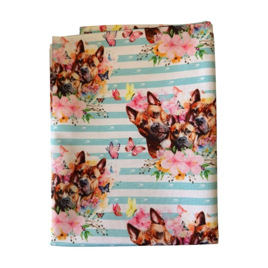 1 m Coupon Oxford Stoff Hund Pitbull Sommer Blumen 150 cm – Blau Rosa Streifen – 210 g/m² – Eigenproduktion