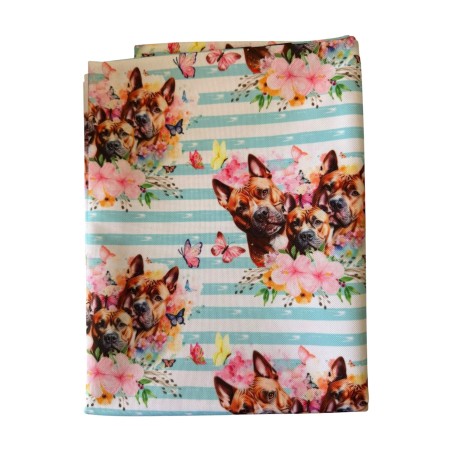 1 m Coupon Oxford Stoff Hund Pitbull Sommer Blumen 150 cm – Blau Rosa Streifen – 210 g/m² – Eigenproduktion