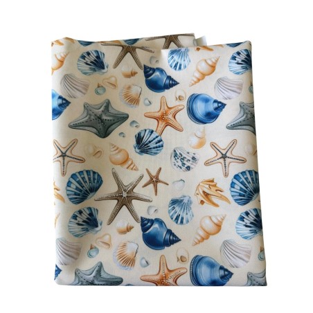 1 m Coupon Oxford Stoff Sommer Muscheln Strand 150 cm – Blau Beige – 210 g/m² – Eigenproduktion