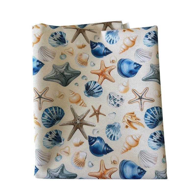 1 m Coupon Oxford Stoff Sommer Muscheln Strand 150 cm – Blau Beige – 210 g/m² – Eigenproduktion