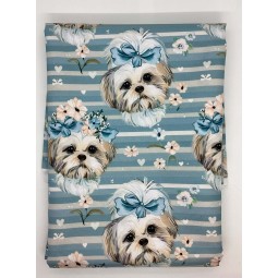 1 m Coupon Oxford Stoff Hund Shihtzu Blumen 150 cm – Blau Streifen – 210 g/m² – Eigenproduktion