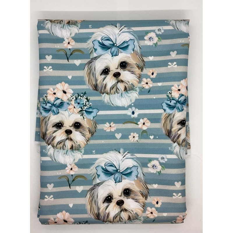 1 m Coupon Oxford Stoff Hund Shihtzu Blumen 150 cm – Blau Streifen – 210 g/m² – Eigenproduktion