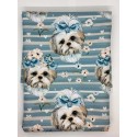 1 m Coupon Oxford Stoff Hund Shihtzu Blumen 150 cm – Blau Streifen – 210 g/m² – Eigenproduktion