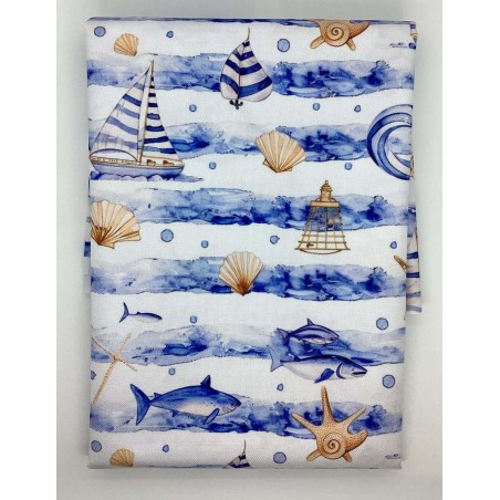 1 m Coupon Oxford Stoff Sommer Muscheln Strand Meer 150 cm – Blau Beige – 210 g/m² – Eigenproduktion