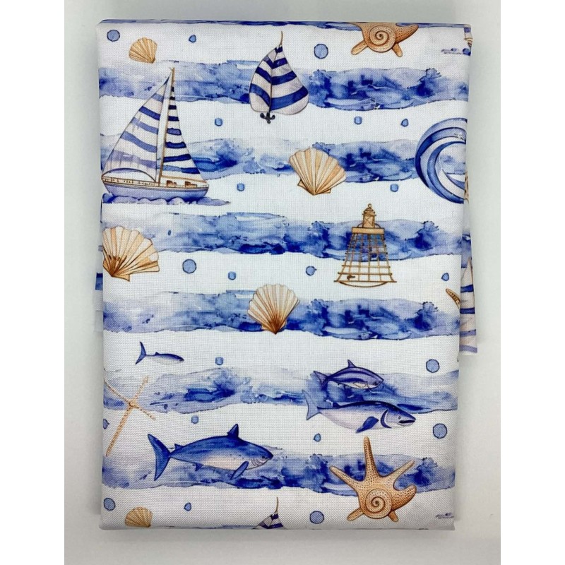 1 m Coupon Oxford Stoff Sommer Muscheln Strand Meer 150 cm – Blau Beige – 210 g/m² – Eigenproduktion