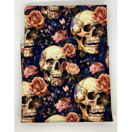 1 m Coupon Oxford Stoff Skuls Totenkopf Schedel Blumen 150 cm – Blau Beige – 210 g/m² – Eigenproduktion