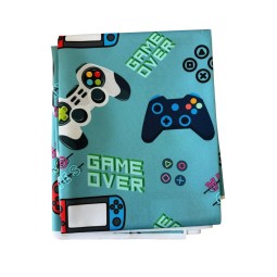 1 m Coupon Oxford Stoff Game Over Video Games Zocker 150 cm – Blau Beige – 210 g/m² – Eigenproduktion