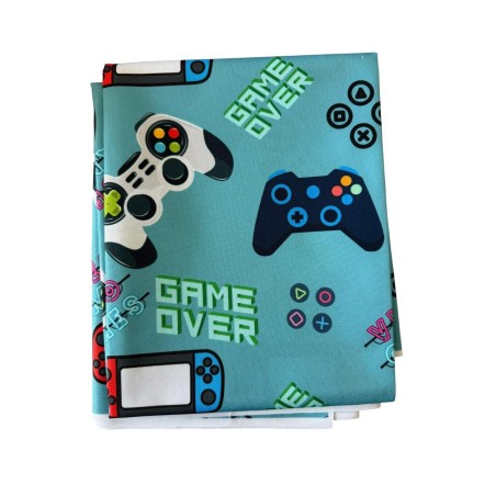 1 m Coupon Oxford Stoff Game Over Video Games Zocker 150 cm – Blau Beige – 210 g/m² – Eigenproduktion