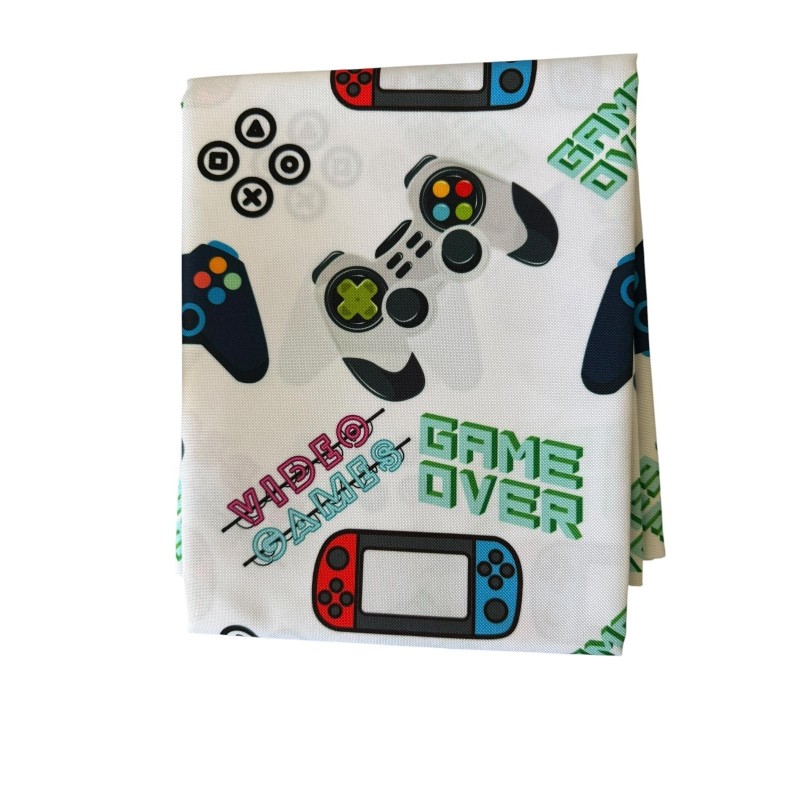 1 m Coupon Oxford Stoff Game Over Video Games Zocker 150 cm – Weiss – 210 g/m² – Eigenproduktion