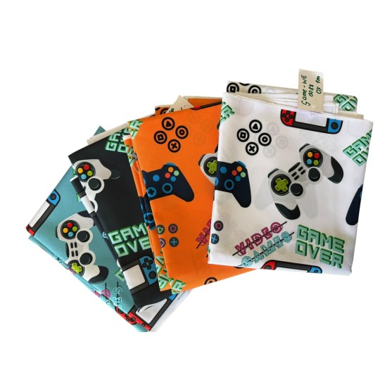 1 m Coupon Oxford Stoff Game Over Video Games Zocker 150 cm – Blau Beige – 210 g/m² – Eigenproduktion