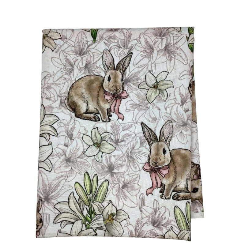 1 m Coupon Oxford Stoff Hase Lilien Blumen  150 cm – Weiss Beige– 210 g/m² – Eigenproduktion