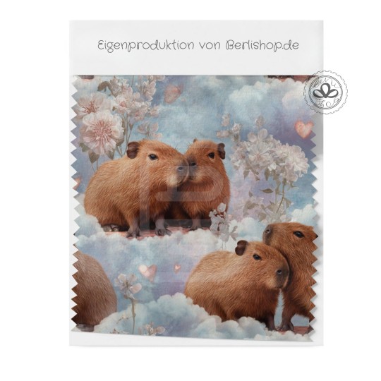 Pre-Order Capybara Blumen Wolken Hellblau – Stoffdesign von Berlishop mit Stoffauswahl – Tier Kinderstoff