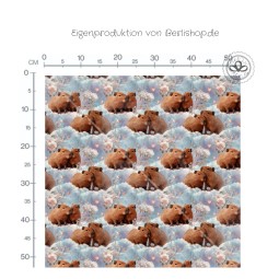 Capybara Stoff – süße Capybaras mit Blüten & Herzen – Pastell