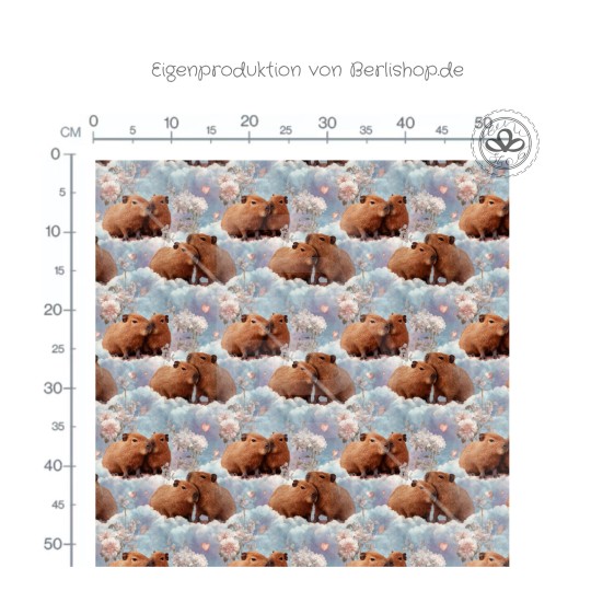 Capybara Stoff – süße Capybaras mit Blüten & Herzen – Pastell