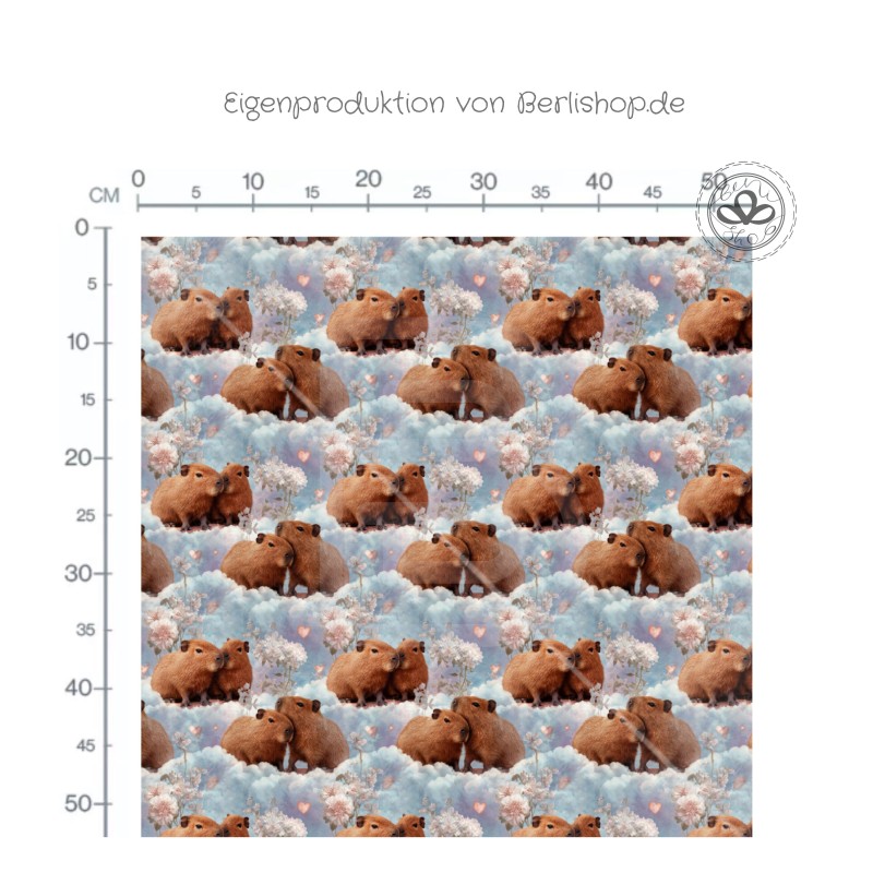 Capybara Stoff – süße Capybaras mit Blüten & Herzen – Pastell