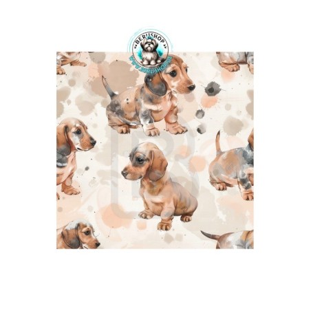 Baumwolle Canvas Stoff Dackel Welpen Aquarell Beige Braun 153 g/m² Meterware 160 cm Eigenproduktion