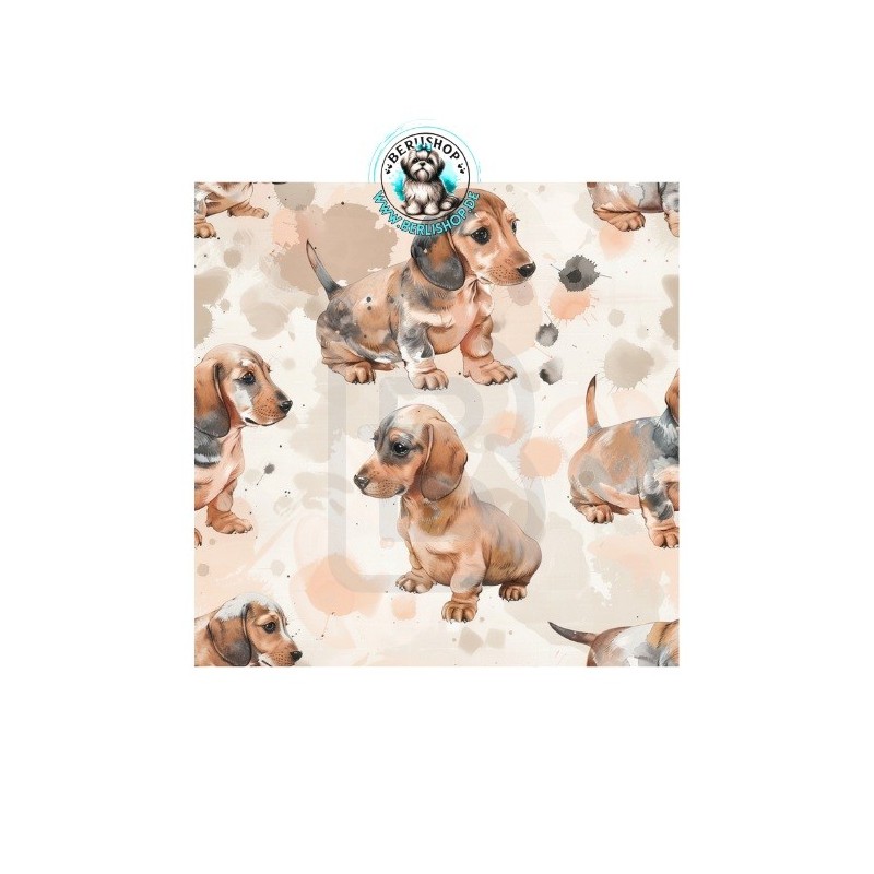 Baumwolle Canvas Stoff Dackel Welpen Aquarell Beige Braun 153 g/m² Meterware 160 cm Eigenproduktion