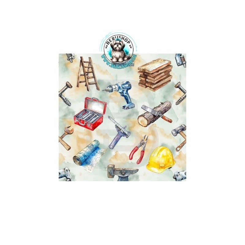 Baumwolle Canvas Stoff Werkzeug Baustelle Handwerker Aquarell Bunt 153 g/m² Meterware 160 cm Eigenproduktion