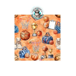 Das Muster zeigt ein sportliches Basketball-Design im Aquarellstil mit Basketbällen, Körben, Pokalen, Sporttaschen, Sneakern