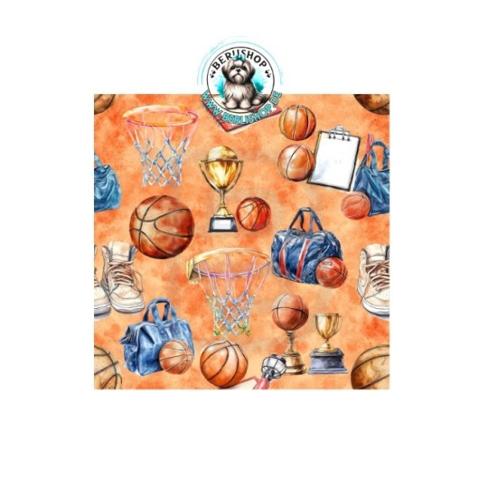 Das Muster zeigt ein sportliches Basketball-Design im Aquarellstil mit Basketbällen, Körben, Pokalen, Sporttaschen, Sneakern