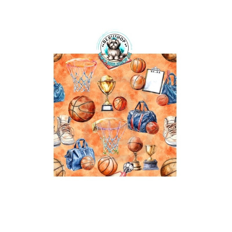 Das Muster zeigt ein sportliches Basketball-Design im Aquarellstil mit Basketbällen, Körben, Pokalen, Sporttaschen, Sneakern