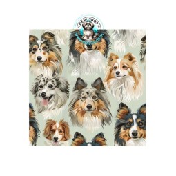 Collie- und Sheltie-Hundeköpfe auf hellem Mint-Beige, ideal für Hunde-Nähprojekte.