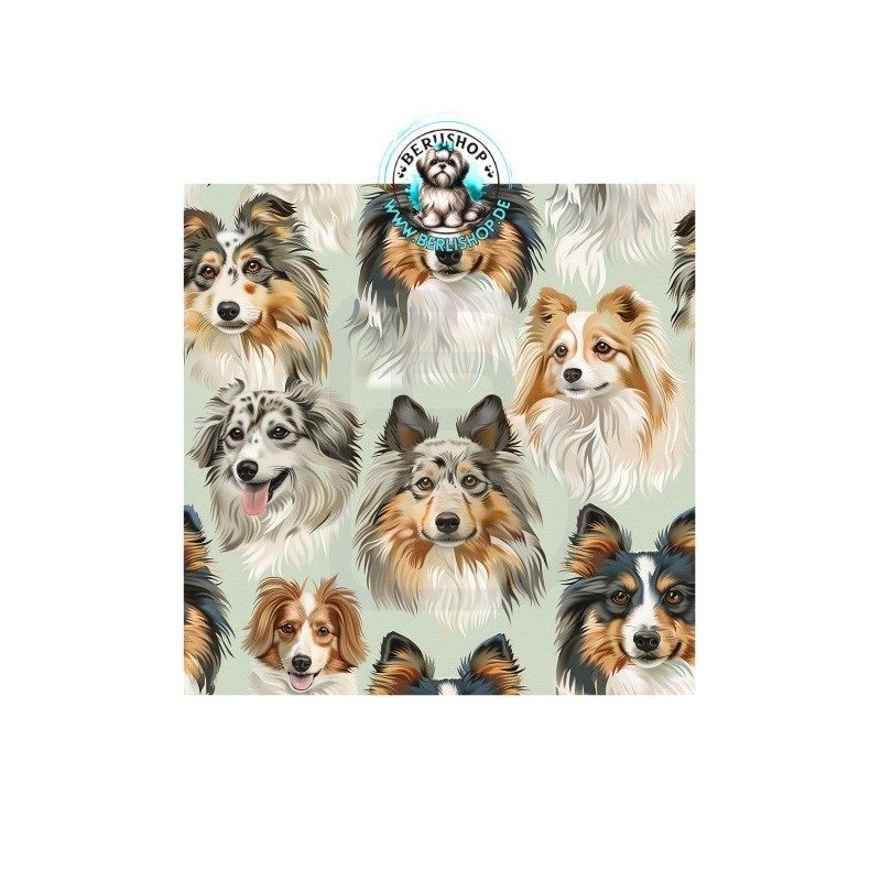 Collie- und Sheltie-Hundeköpfe auf hellem Mint-Beige, ideal für Hunde-Nähprojekte.