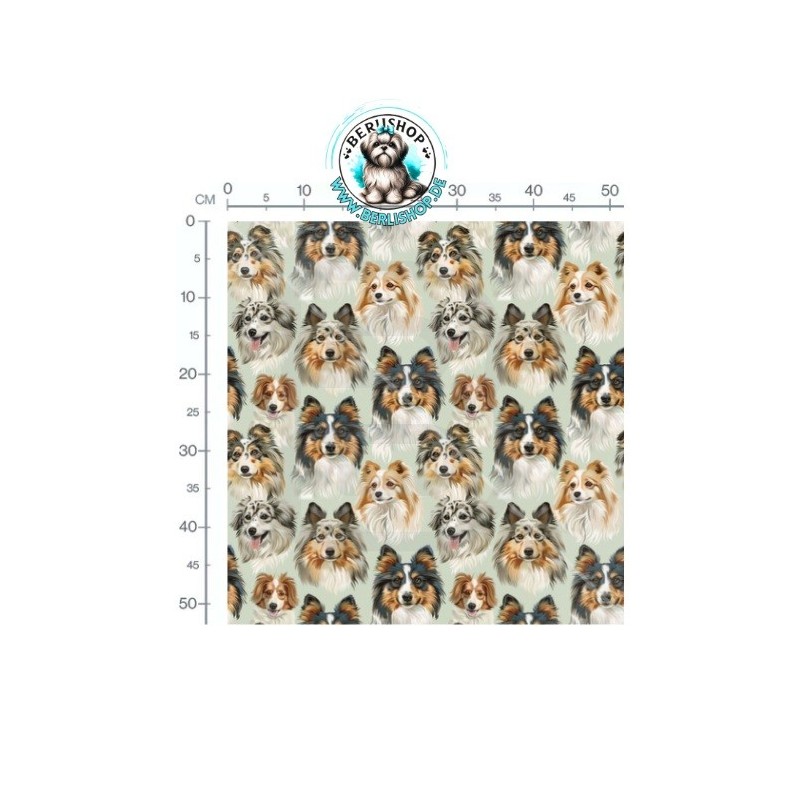 Baumwolle Canvas Collie Sheltie Hundeköpfe Beige Mint Blau 153 g/m² Meterware 160 cm Eigenproduktion
