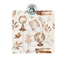 Schulmotiv mit Globus, Büchern und Blättern in warmen Beige-Braun-Tönen. Einschulung