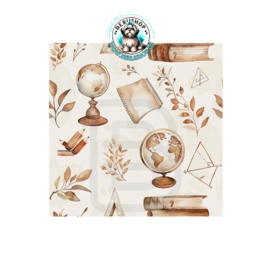 Schulmotiv mit Globus, Büchern und Blättern in warmen Beige-Braun-Tönen. Einschulung