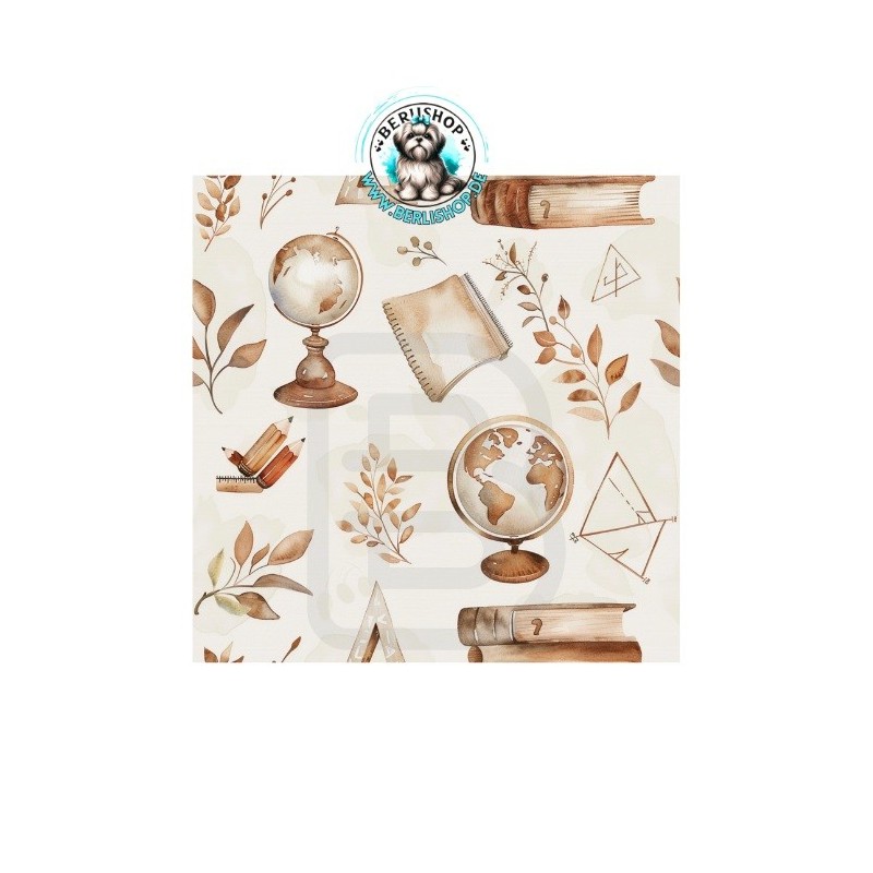 Schulmotiv mit Globus, Büchern und Blättern in warmen Beige-Braun-Tönen. Einschulung