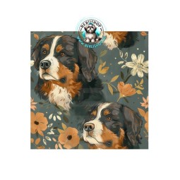 Berner Sennenhunde mit Blumen auf petrolfarbenem Hintergrund im edlen Vintage-Stil.