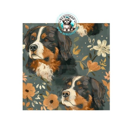 Berner Sennenhunde mit Blumen auf petrolfarbenem Hintergrund im edlen Vintage-Stil.