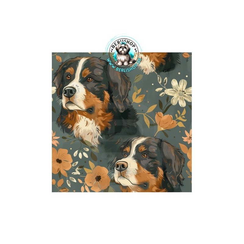 Berner Sennenhunde mit Blumen auf petrolfarbenem Hintergrund im edlen Vintage-Stil.
