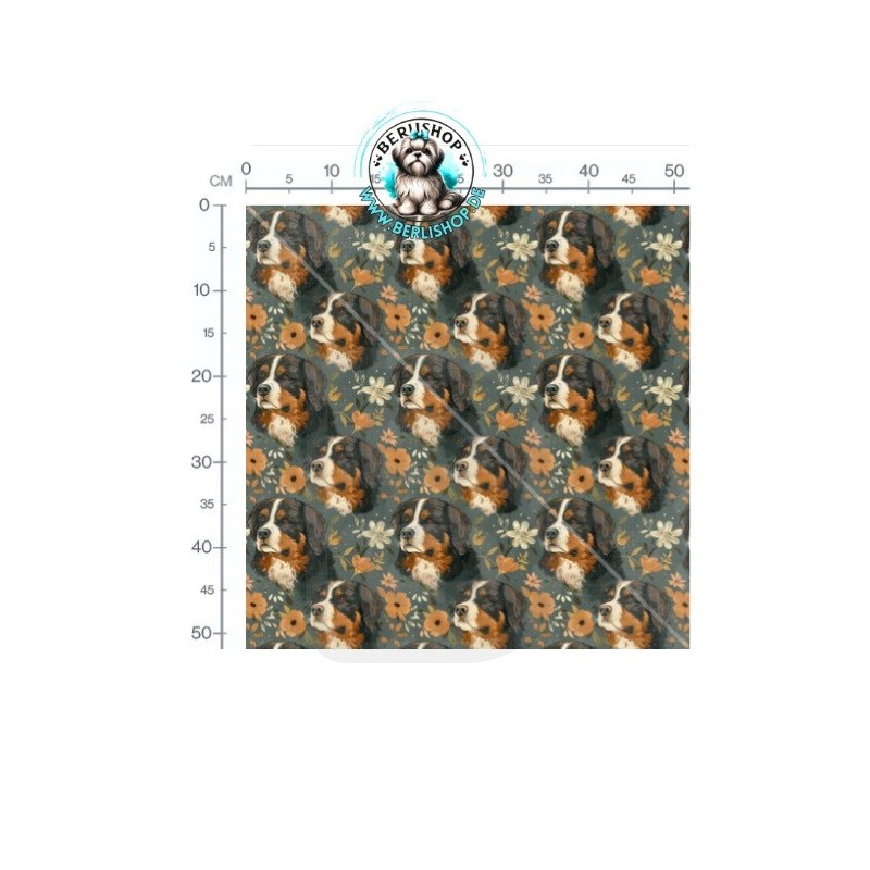 Baumwolle Canvas Berner Sennenhund Blumen Petrol Orange 153 g/m² Meterware 160 cm Eigenproduktion