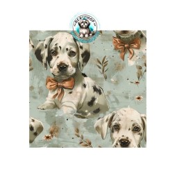 Dalmatiner-Welpen mit Schleifen auf mint-beigem Vintage-Hintergrund.