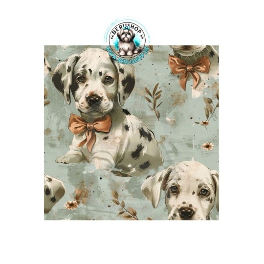 Dalmatiner-Welpen mit Schleifen auf mint-beigem Vintage-Hintergrund.