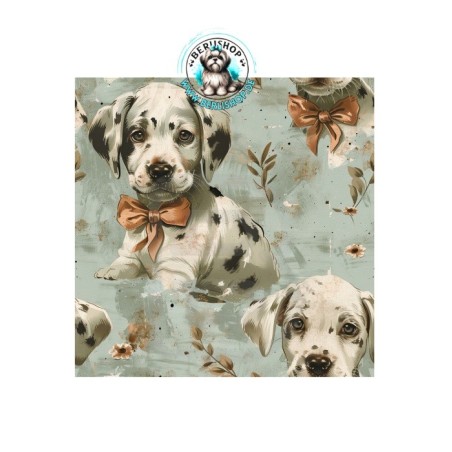 Dalmatiner-Welpen mit Schleifen auf mint-beigem Vintage-Hintergrund.