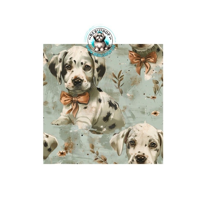 Dalmatiner-Welpen mit Schleifen auf mint-beigem Vintage-Hintergrund.