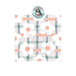 Große weiße Blumen auf kariertem Mint-Grau-Apricot-Hintergrund.